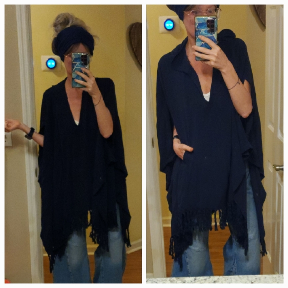Boho Hooded Tassel Fringe Kimono Cape Tunic With Hood And Pockets